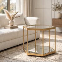 Veryl Accent Cocktail Table with Glass Top, Gold Hexagonal Metal Frame 18 Inch-BM355737