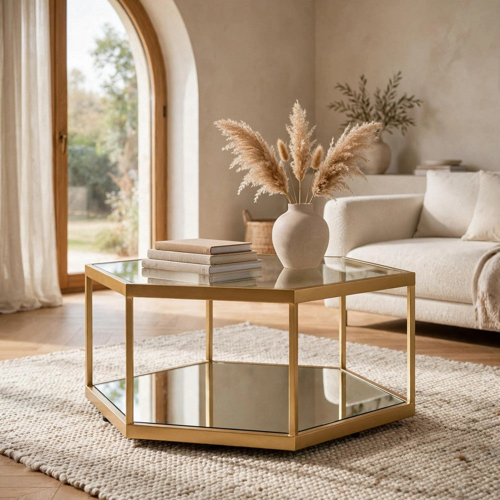 Veryl Accent Cocktail Table with Glass Top, Gold Hexagonal Metal Frame 18 Inch-BM355737