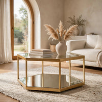 Veryl Accent Cocktail Table with Glass Top, Gold Hexagonal Metal Frame 18 Inch-BM355737