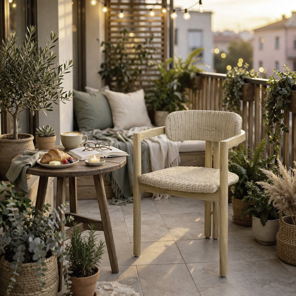 Seno Outdoor Chair Set of 2, Curved Back, Beige Wicker Seat, Natural Wood - BM355748