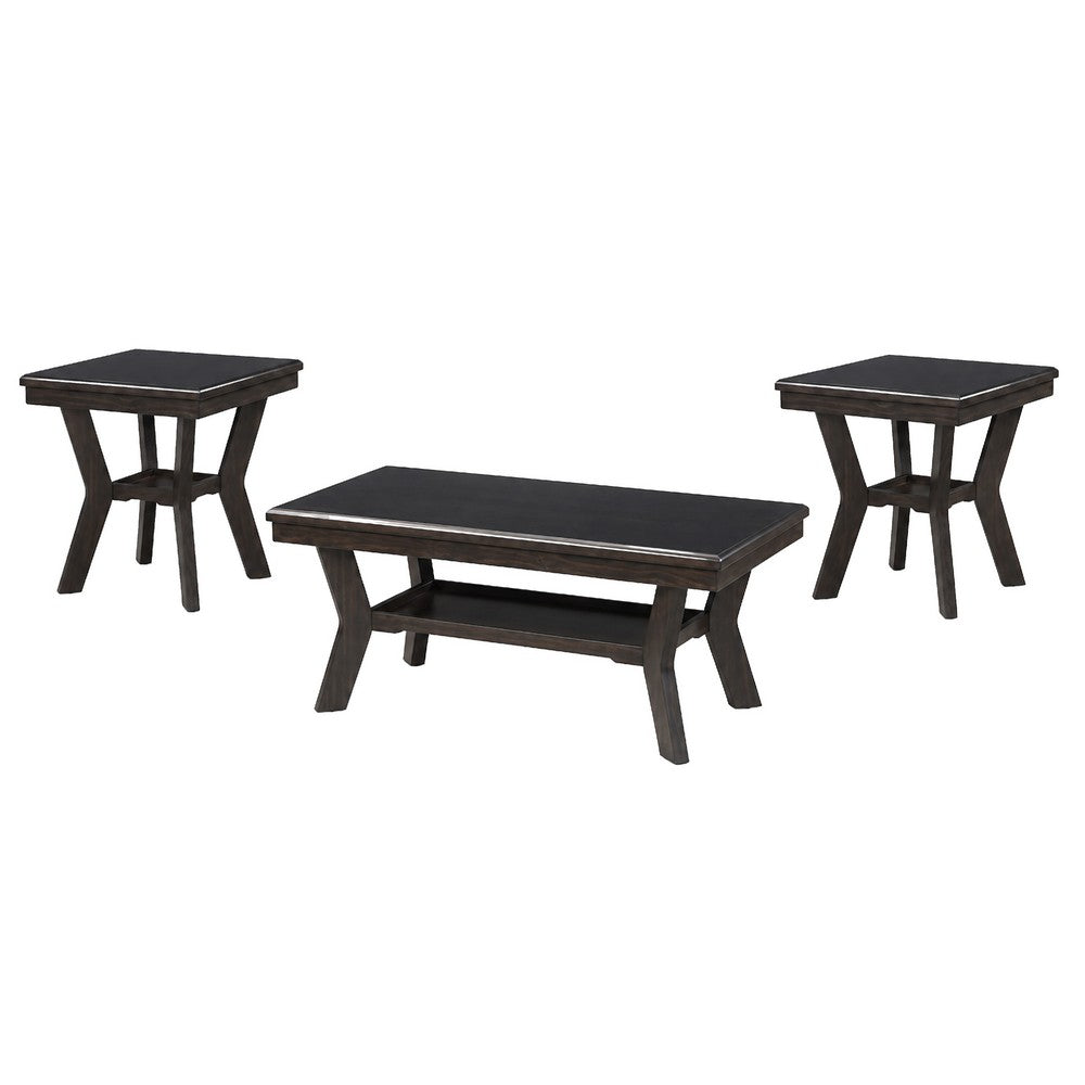 Gary 3pc Coffee Table & End Table Set, Open Shelf, Chevron Top, Brown