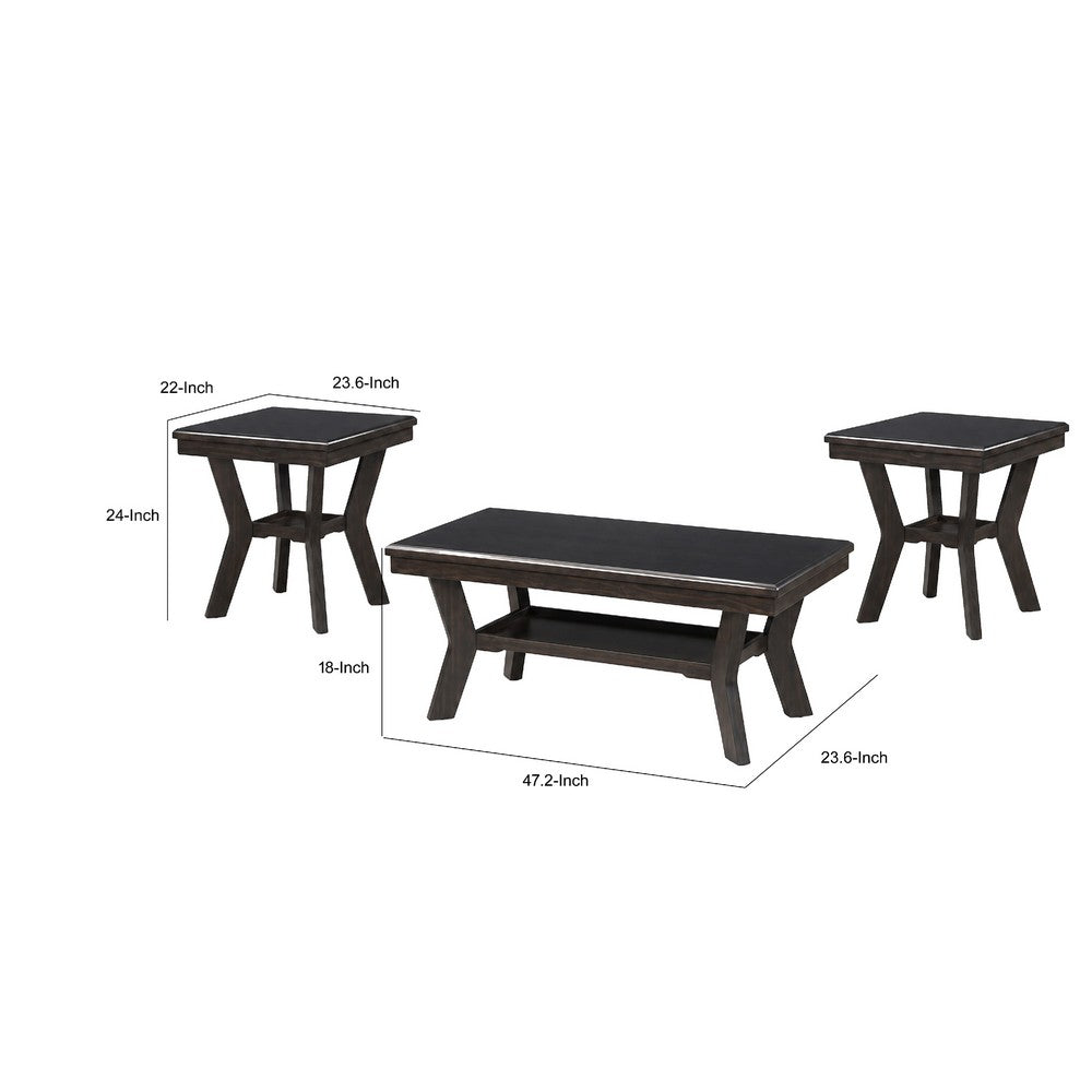 Gary 3pc Coffee Table & End Table Set, Open Shelf, Chevron Top, Brown