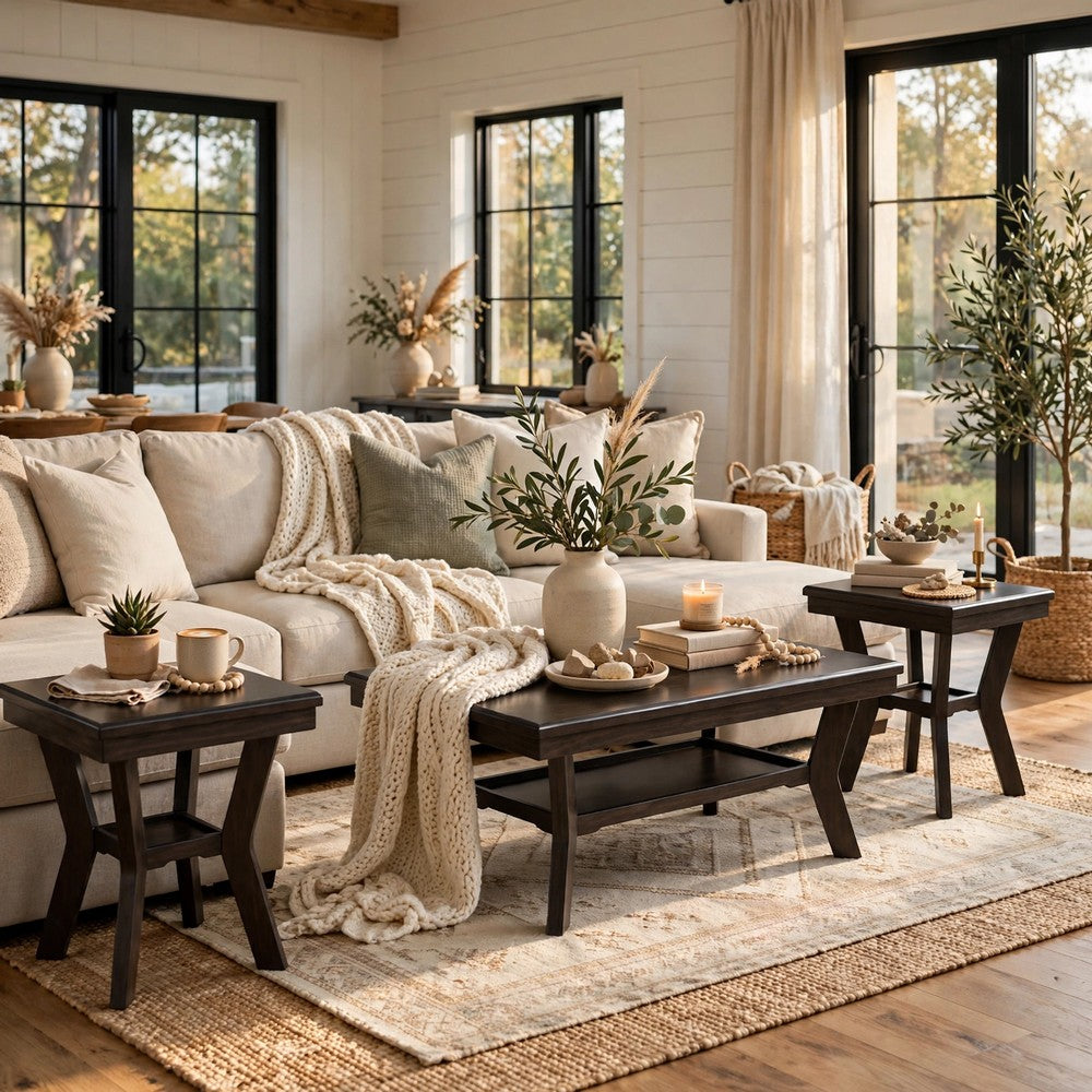 Gary 3pc Coffee Table & End Table Set, Open Shelf, Chevron Top, Brown
