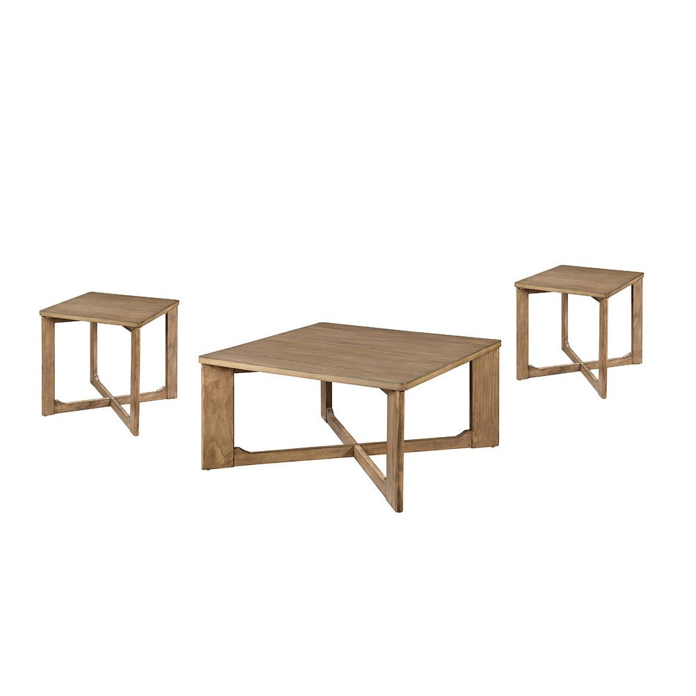Sewy 3pc Coffee Table & End Table Set, Square Top, Crisscross Base, Brown