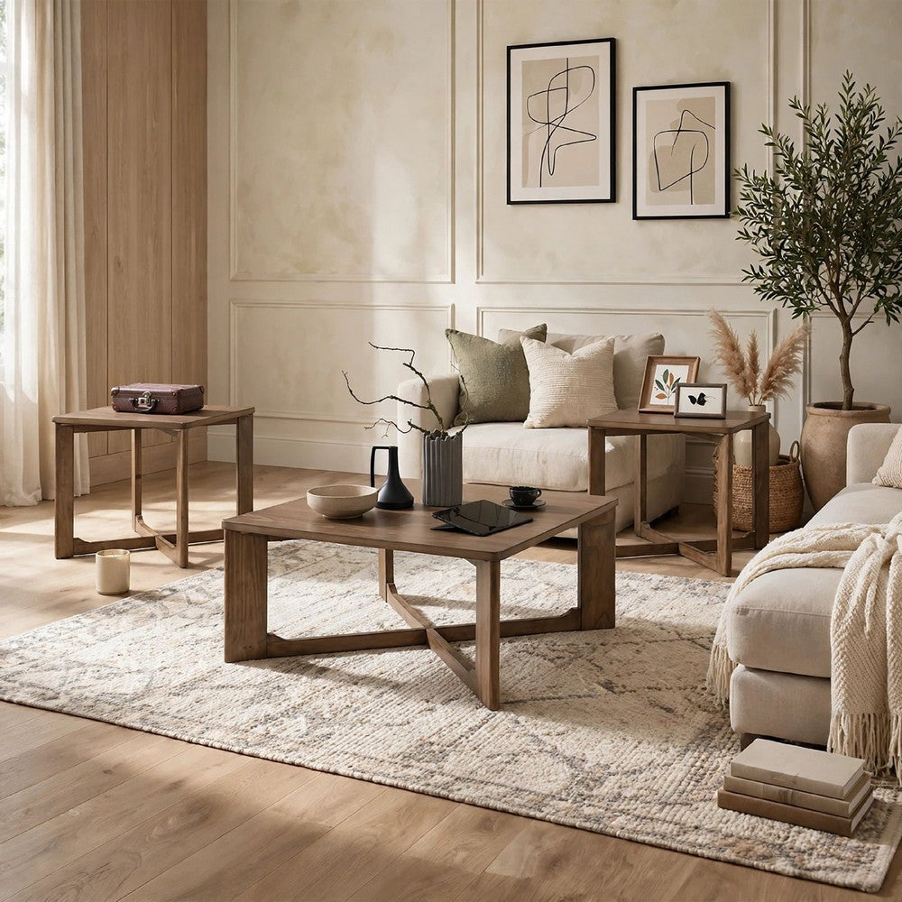 Sewy 3pc Coffee Table & End Table Set, Square Top, Crisscross Base, Brown