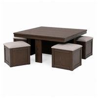 Pax 5pc Coffee Table w 4 Storage Ottoman, Gray Polyester Seat, Brown Wood - BM355753
