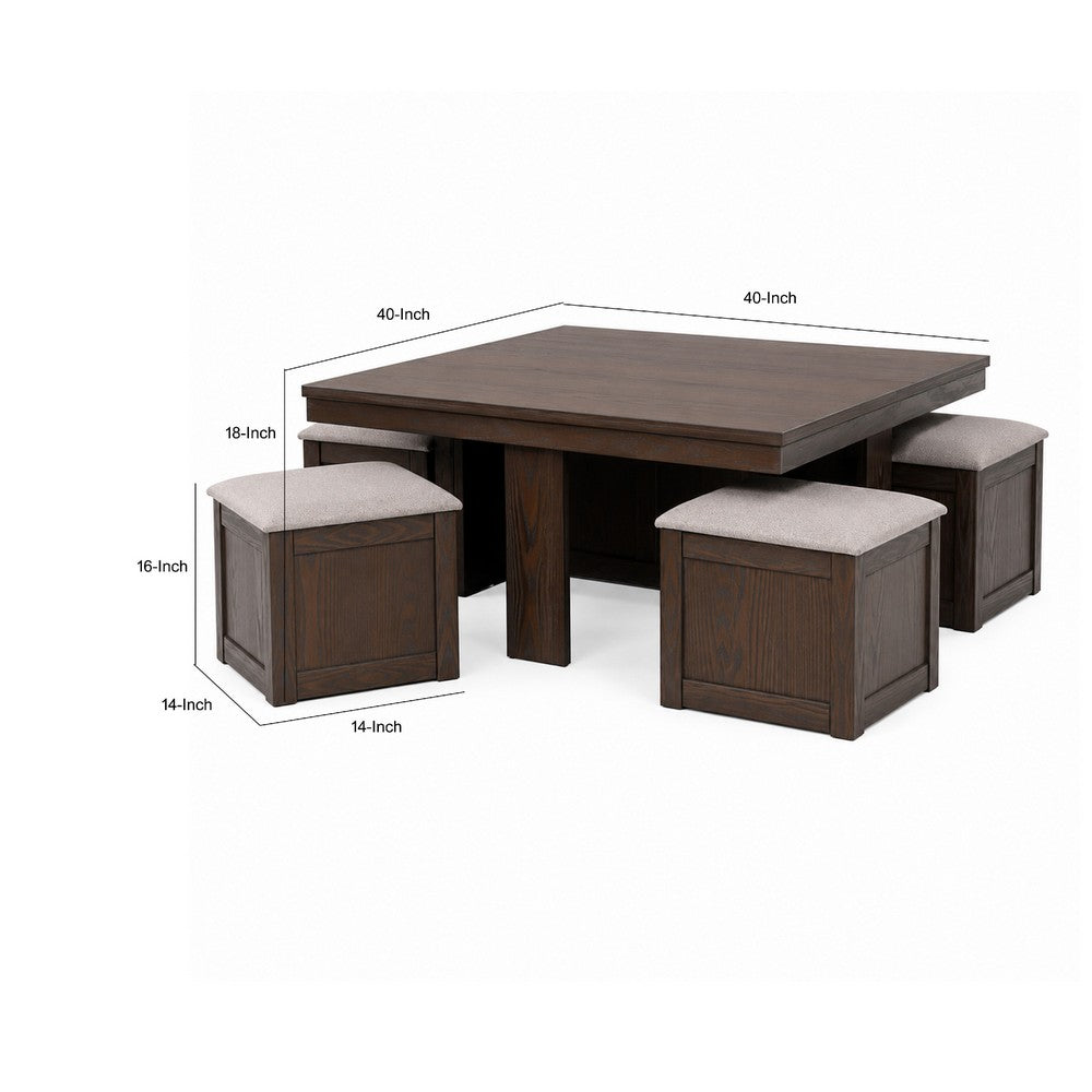 Pax 5pc Coffee Table w 4 Storage Ottoman, Gray Polyester Seat, Brown Wood - BM355753