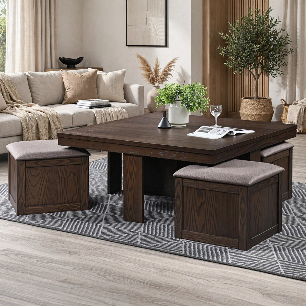 Pax 5pc Coffee Table w 4 Storage Ottoman, Gray Polyester Seat, Brown Wood - BM355753