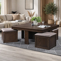 Pax 5pc Coffee Table w 4 Storage Ottoman, Gray Polyester Seat, Brown Wood - BM355753