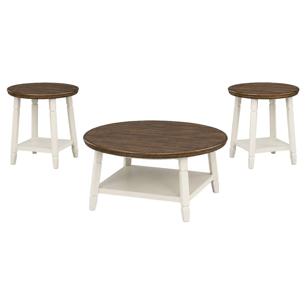Ethy 3pc Round Coffee Table & End Table Set, Lower Shelf, Brown & White