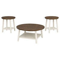 Ethy 3pc Round Coffee Table & End Table Set, Lower Shelf, Brown & White