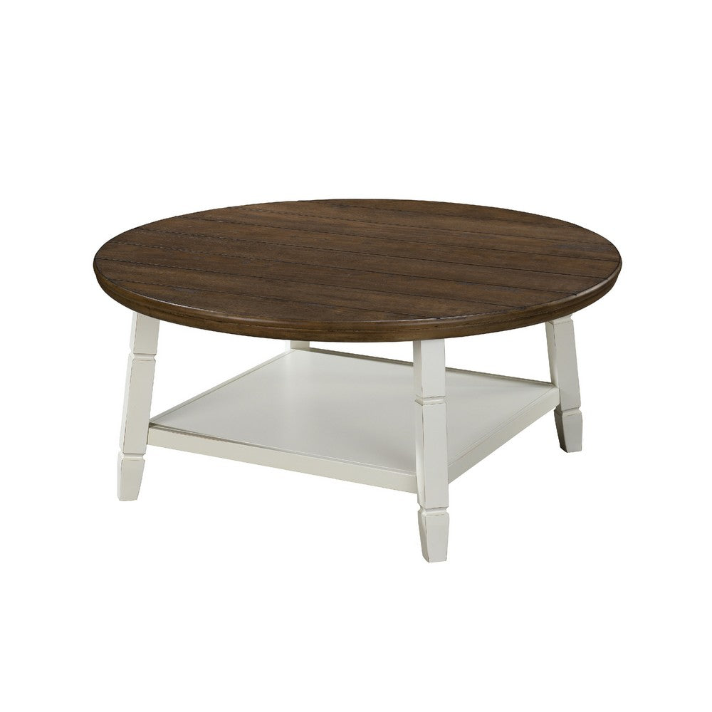 Ethy 3pc Round Coffee Table & End Table Set, Lower Shelf, Brown & White