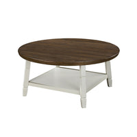 Ethy 3pc Round Coffee Table & End Table Set, Lower Shelf, Brown & White