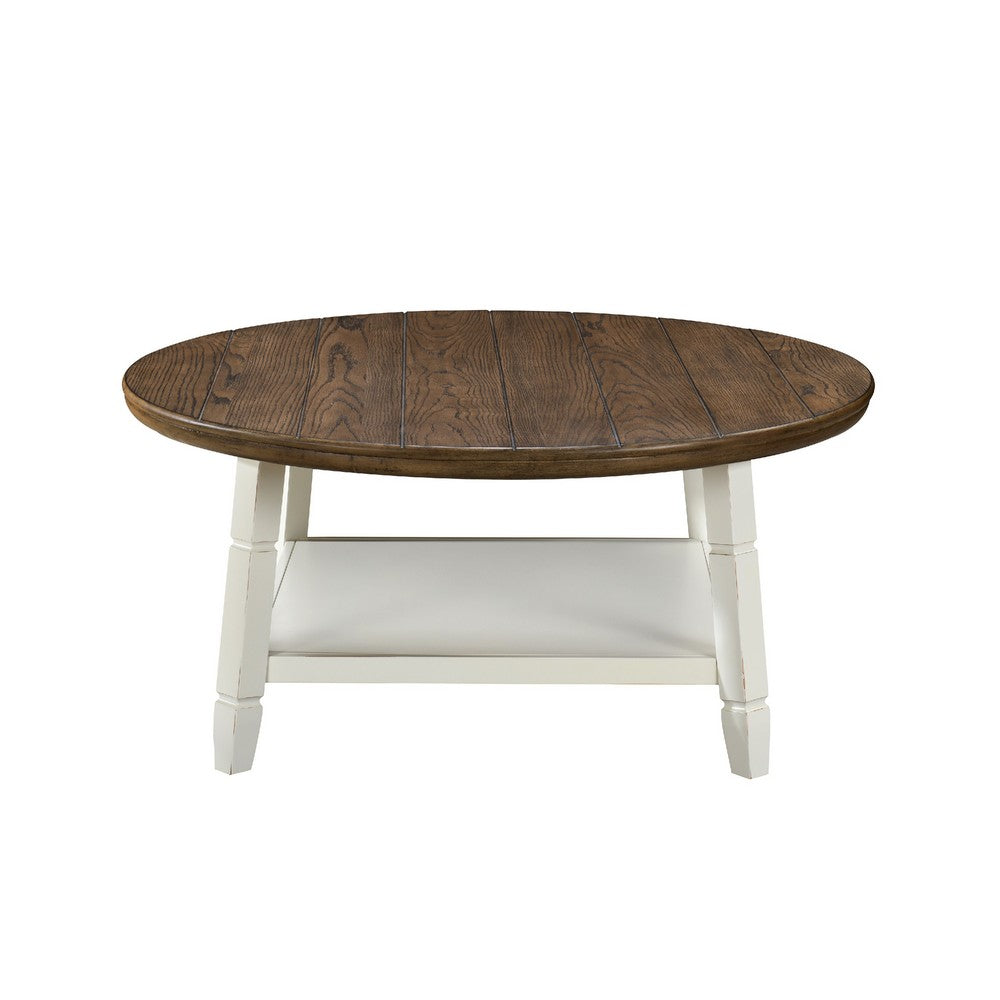 Ethy 3pc Round Coffee Table & End Table Set, Lower Shelf, Brown & White
