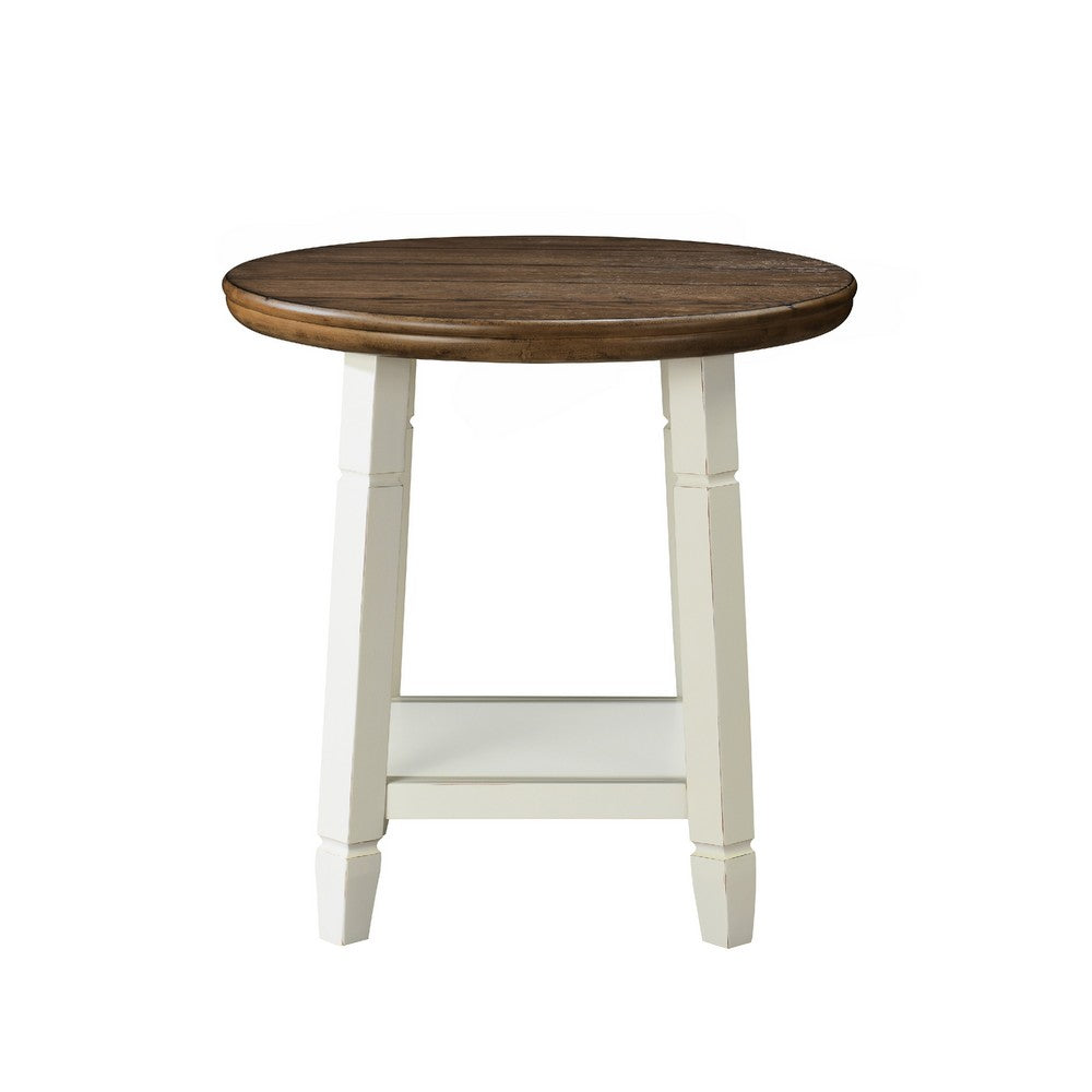 Ethy 3pc Round Coffee Table & End Table Set, Lower Shelf, Brown & White