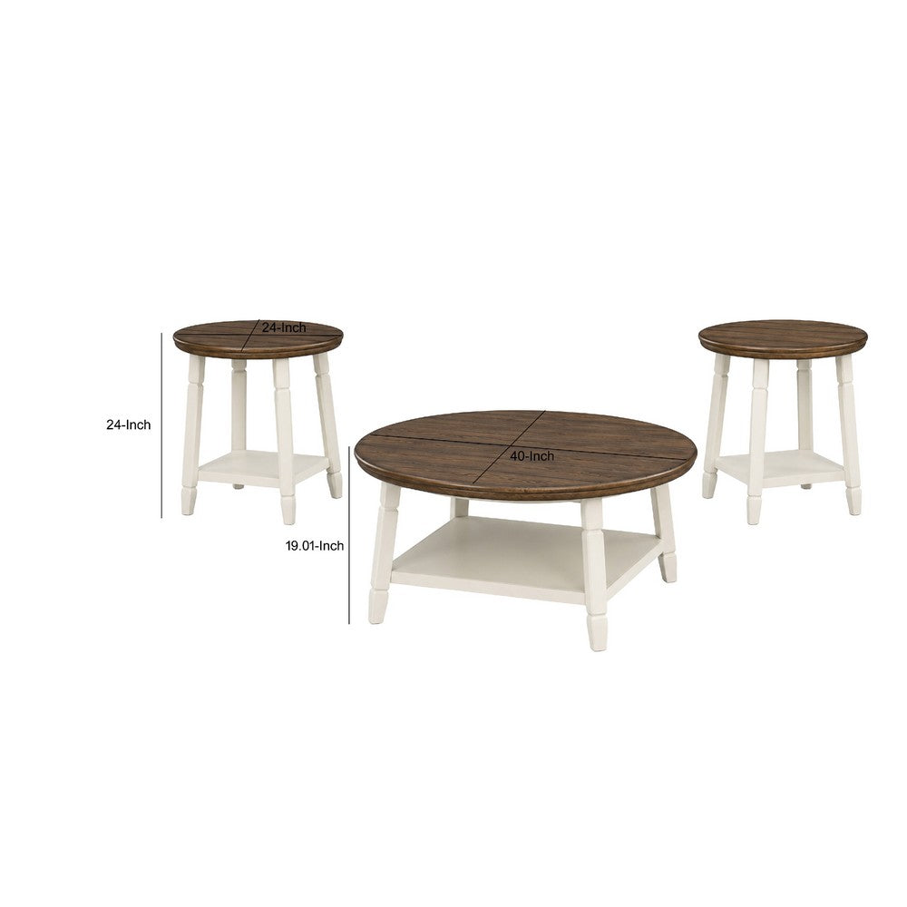 Ethy 3pc Round Coffee Table & End Table Set, Lower Shelf, Brown & White