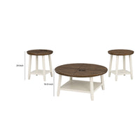 Ethy 3pc Round Coffee Table & End Table Set, Lower Shelf, Brown & White