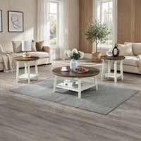 Ethy 3pc Round Coffee Table & End Table Set, Lower Shelf, Brown & White