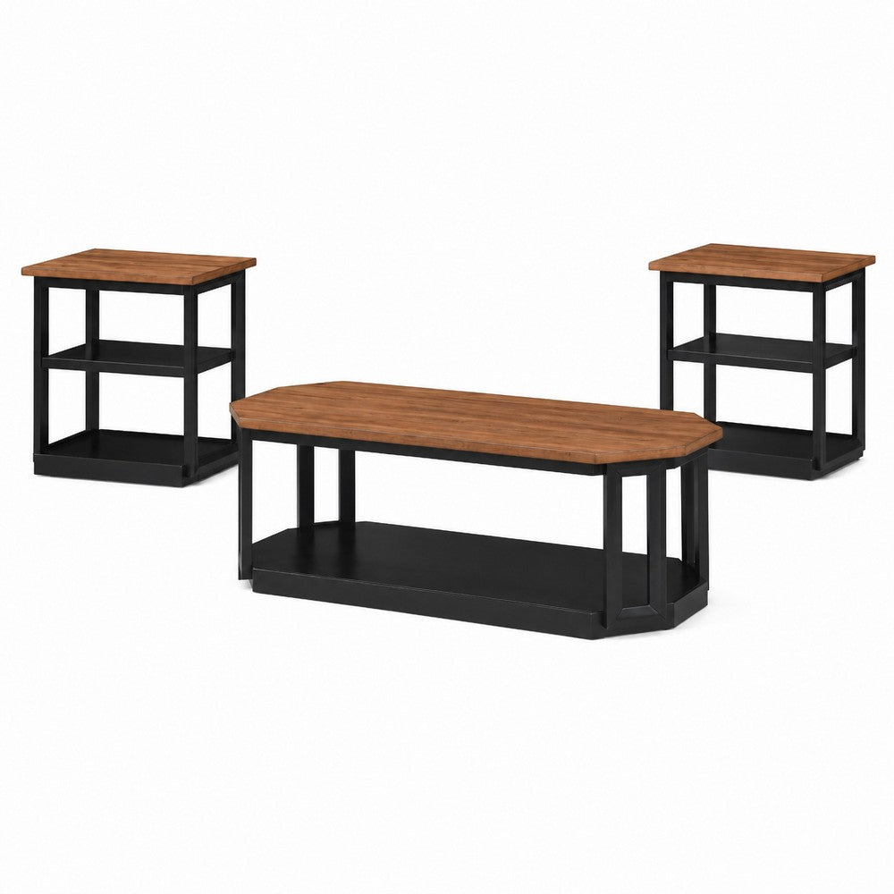 Dany 3pc Coffee Table & End Table, Lower Shelf, Brown Top & Black Base