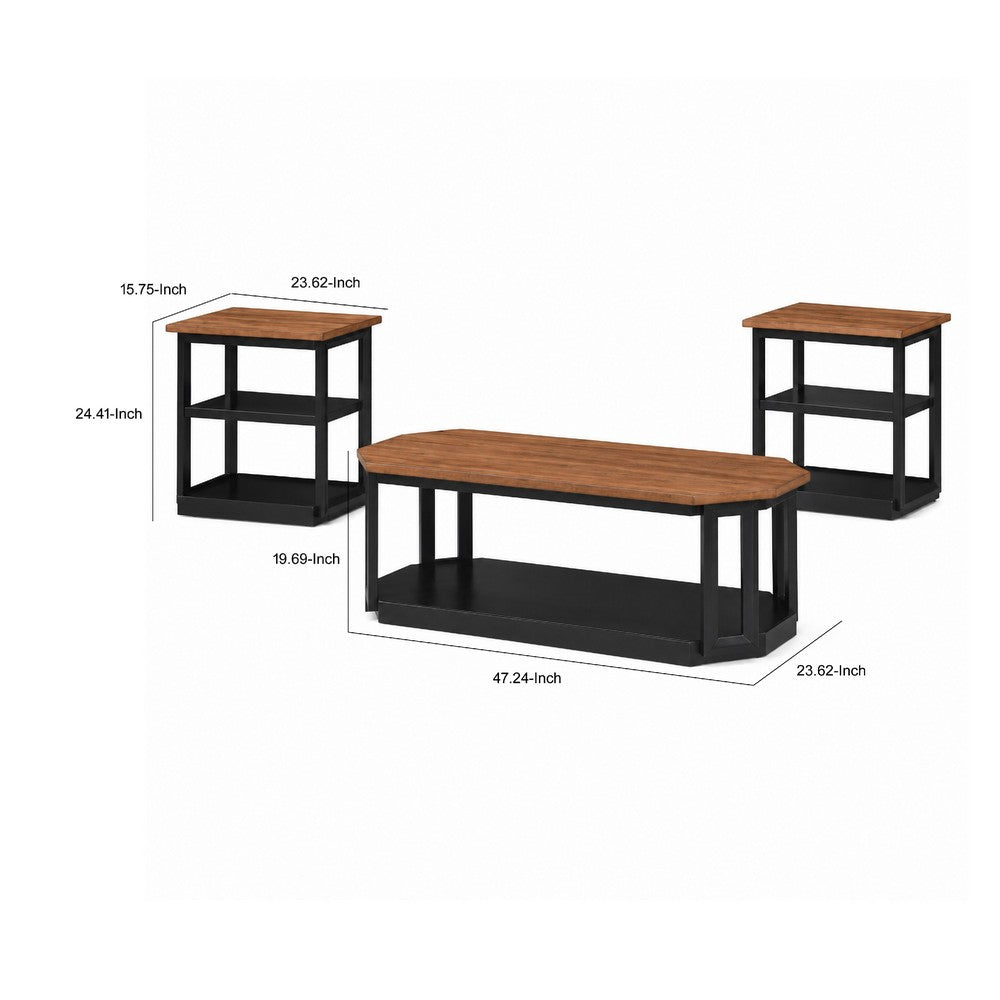 Dany 3pc Coffee Table & End Table, Lower Shelf, Brown Top & Black Base