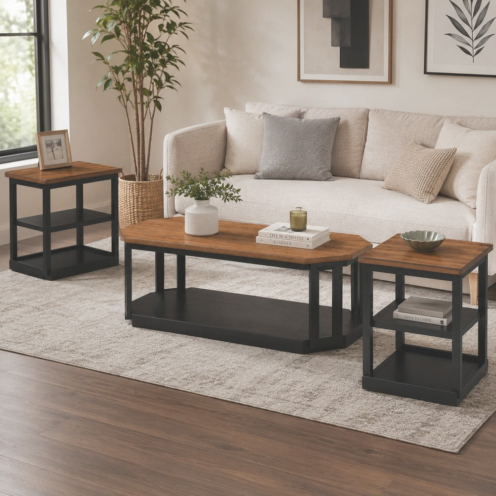 Dany 3pc Coffee Table & End Table, Lower Shelf, Brown Top & Black Base
