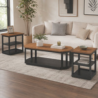 Dany 3pc Coffee Table & End Table, Lower Shelf, Brown Top & Black Base