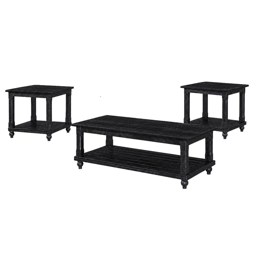 Jade 3pc Coffee Table & End Table, Slatted Shelf, Distress Black Bun Legs