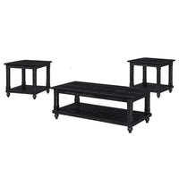 Jade 3pc Coffee Table & End Table, Slatted Shelf, Distress Black Bun Legs