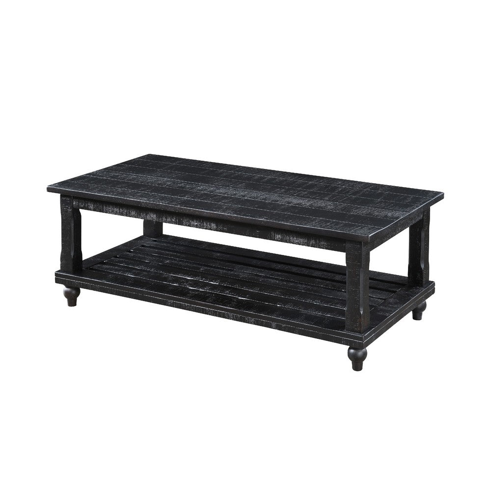 Jade 3pc Coffee Table & End Table, Slatted Shelf, Distress Black Bun Legs