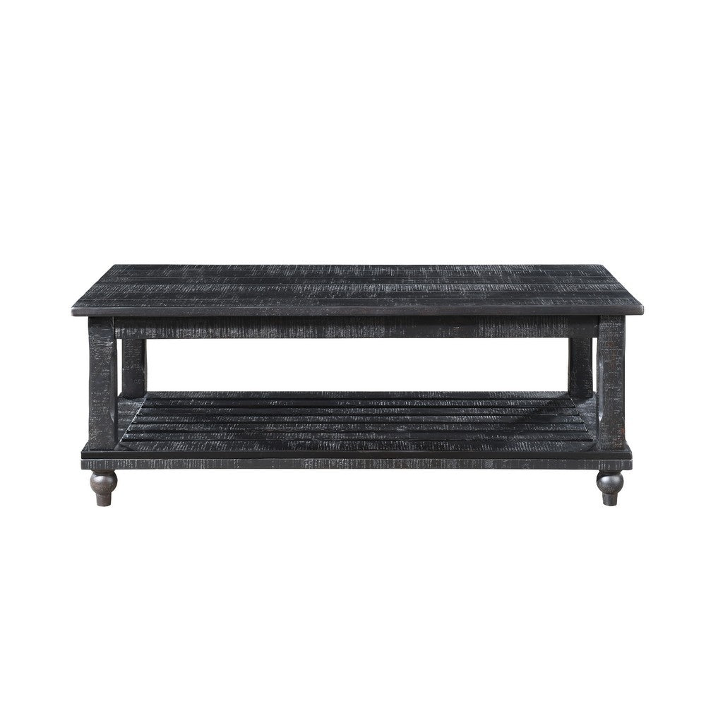 Jade 3pc Coffee Table & End Table, Slatted Shelf, Distress Black Bun Legs