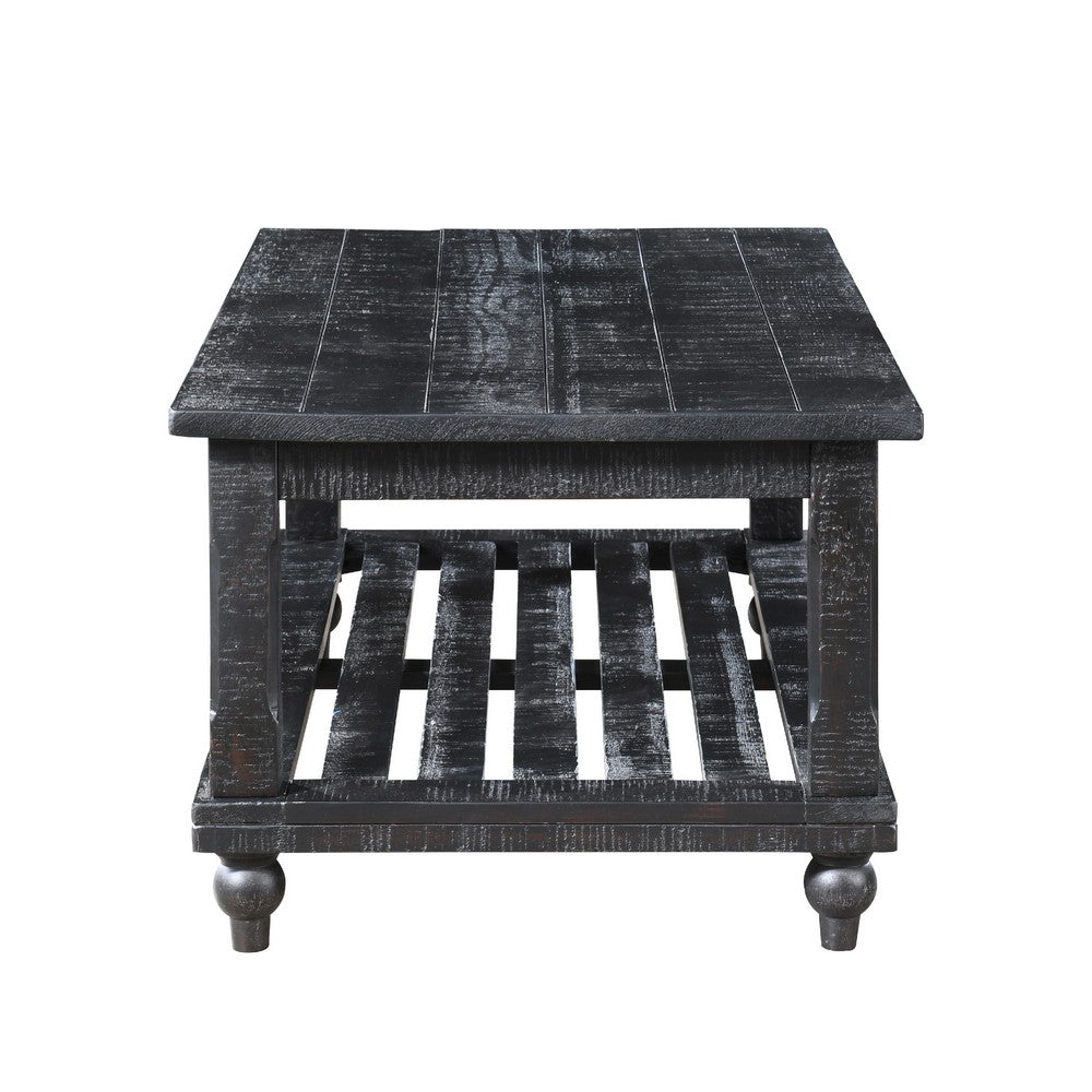 Jade 3pc Coffee Table & End Table, Slatted Shelf, Distress Black Bun Legs