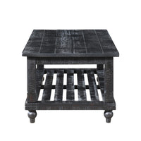 Jade 3pc Coffee Table & End Table, Slatted Shelf, Distress Black Bun Legs
