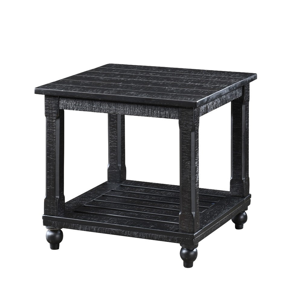 Jade 3pc Coffee Table & End Table, Slatted Shelf, Distress Black Bun Legs
