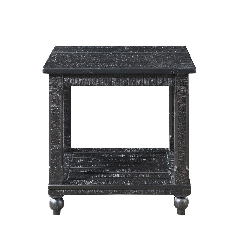 Jade 3pc Coffee Table & End Table, Slatted Shelf, Distress Black Bun Legs