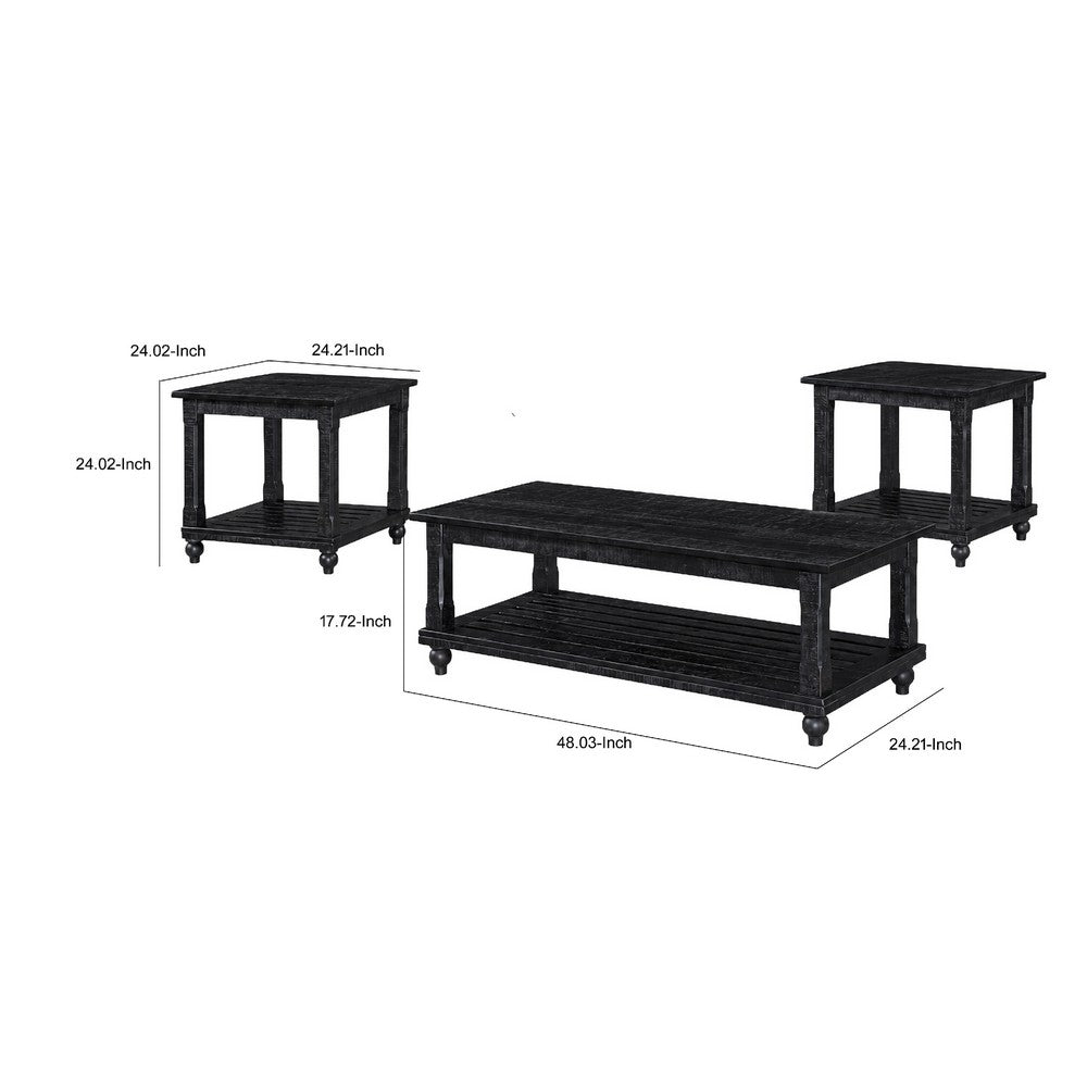 Jade 3pc Coffee Table & End Table, Slatted Shelf, Distress Black Bun Legs