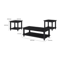 Jade 3pc Coffee Table & End Table, Slatted Shelf, Distress Black Bun Legs