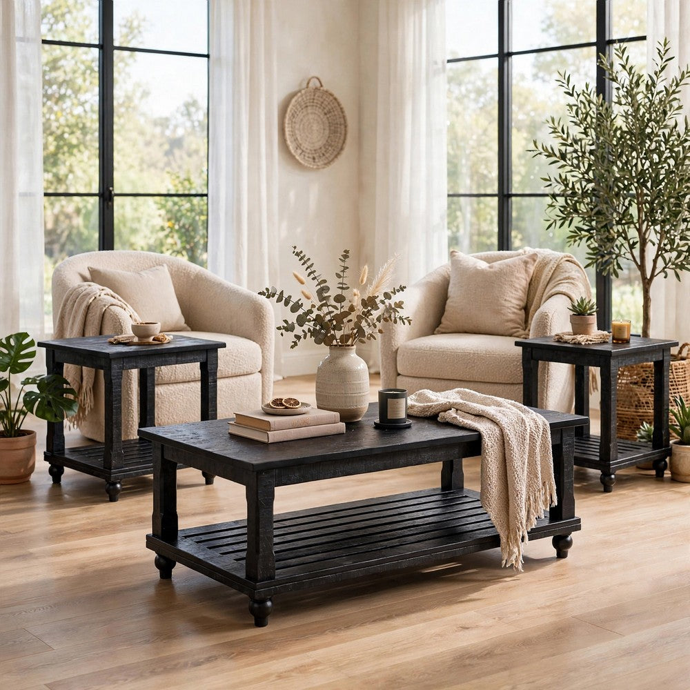 Jade 3pc Coffee Table & End Table, Slatted Shelf, Distress Black Bun Legs