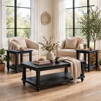 Jade 3pc Coffee Table & End Table, Slatted Shelf, Distress Black Bun Legs