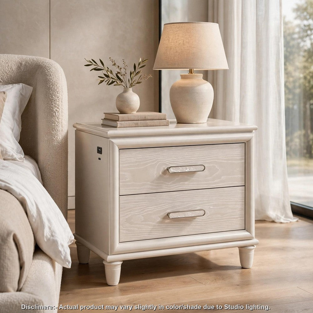 Monie Nightstand with 2 Drawers, USB-A and USB-C Ports, White Wood - BM355858