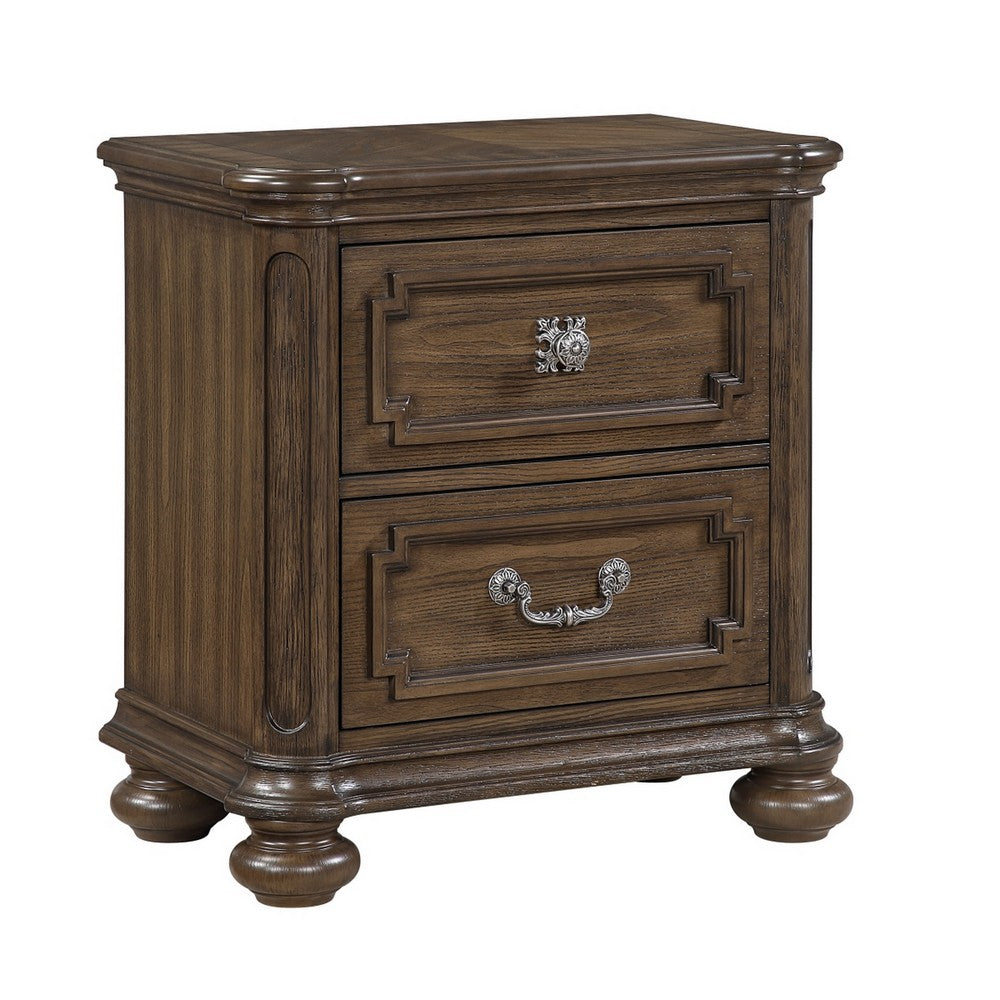 Bucky Nightstand with 2 Dovetail Drawers, Molding Details, Brown Wood - BM355861