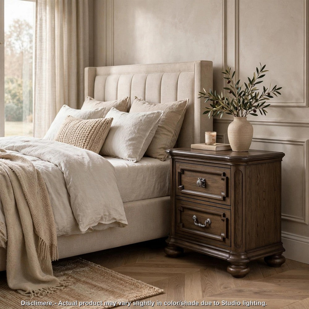 Bucky Nightstand with 2 Dovetail Drawers, Molding Details, Brown Wood - BM355861