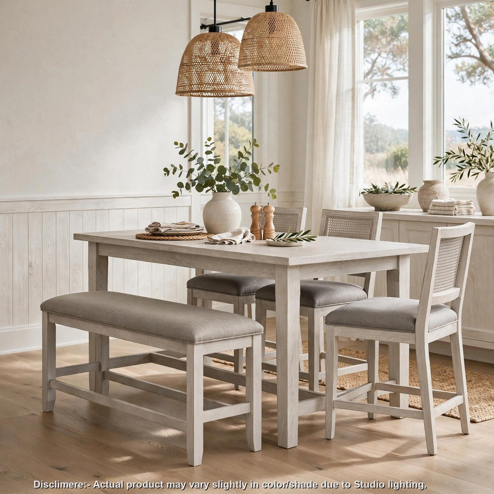 Vile Counter-Height Dining Bench, Gray Fabric Seat, Antique White Wood - BM355863
