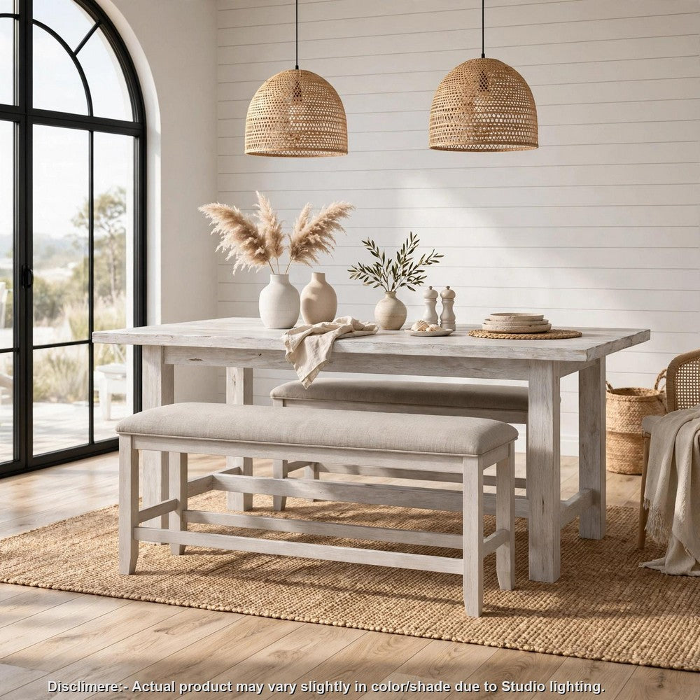 Vile Counter-Height Dining Bench, Gray Fabric Seat, Antique White Wood - BM355863