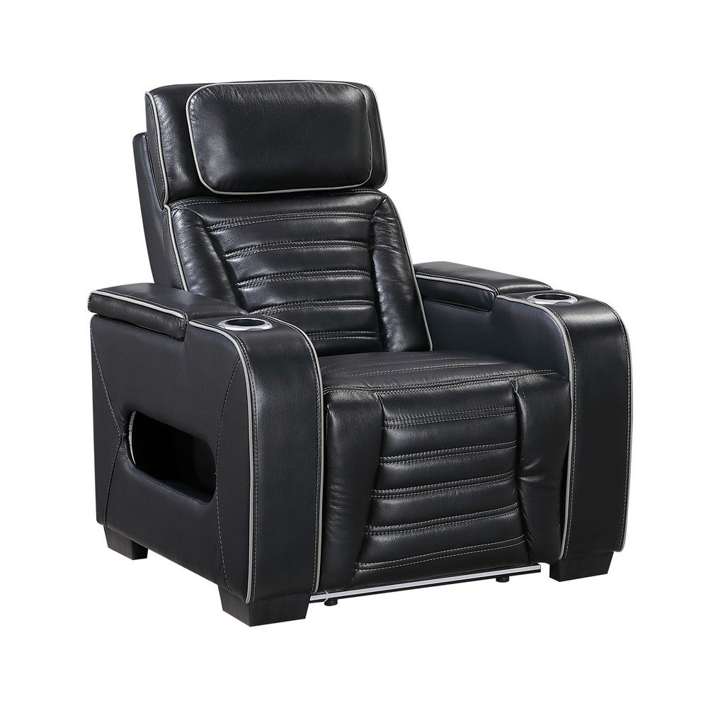 Cyrus Power Recliner w Headrest, Heat Massage, USB Ports, LED, Black Leather  - BM355871