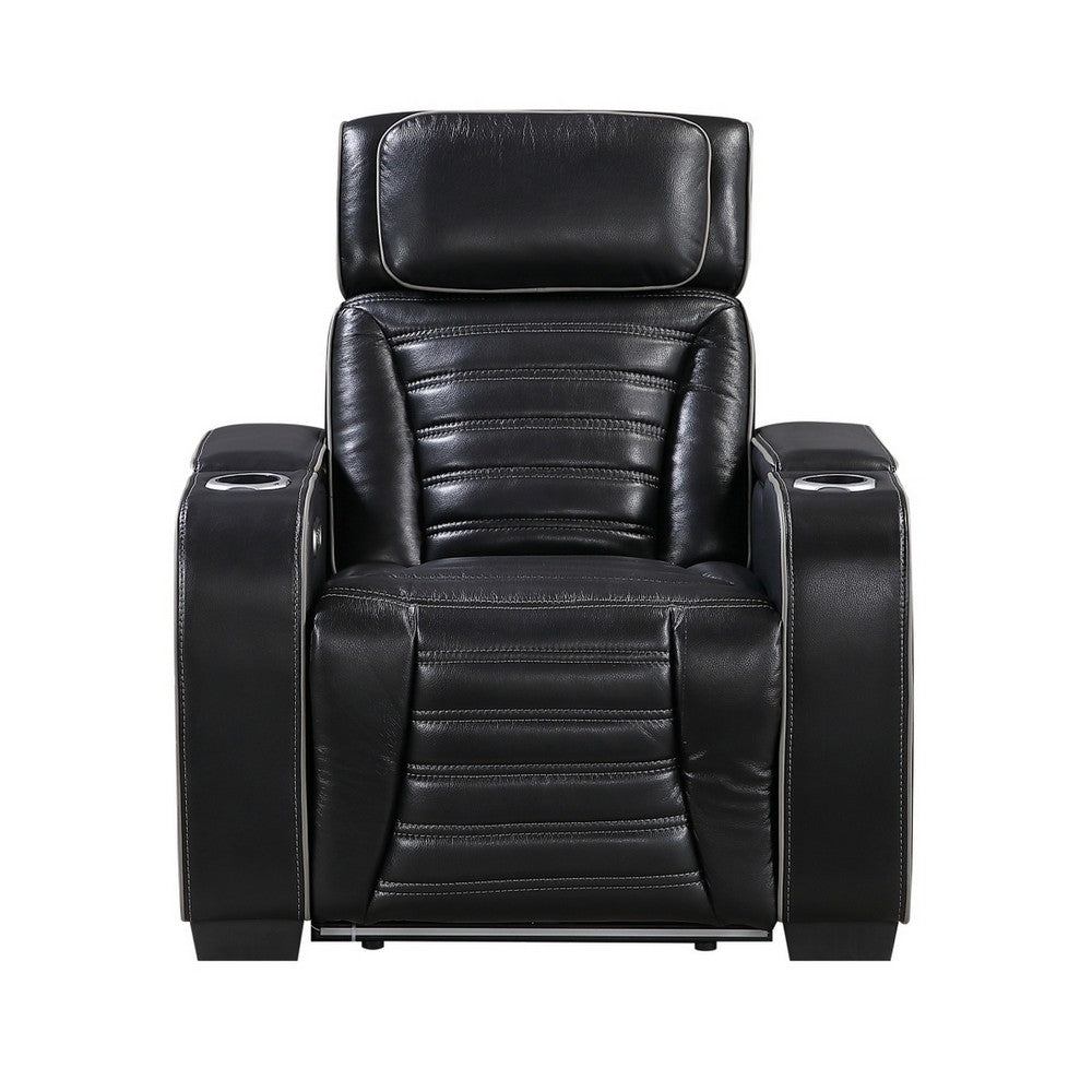 Cyrus Power Recliner w Headrest, Heat Massage, USB Ports, LED, Black Leather  - BM355871