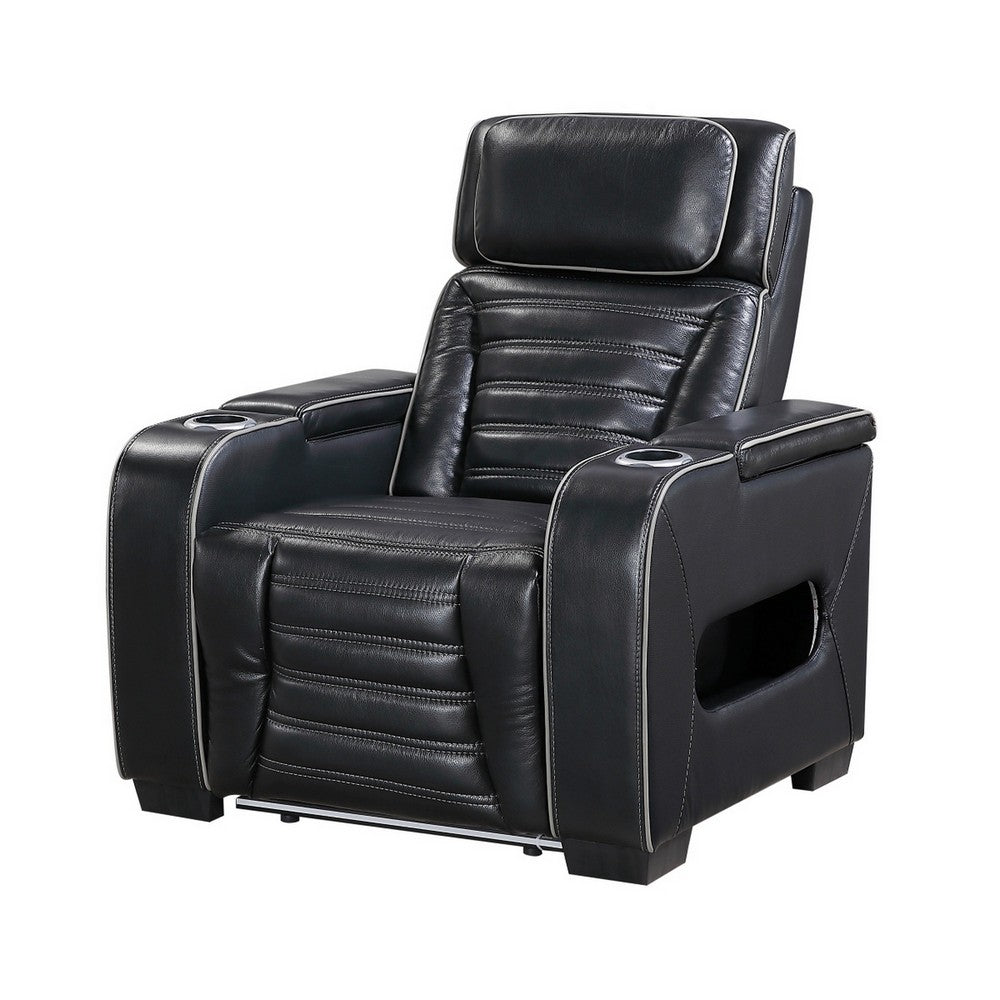 Cyrus Power Recliner w Headrest, Heat Massage, USB Ports, LED, Black Leather  - BM355871