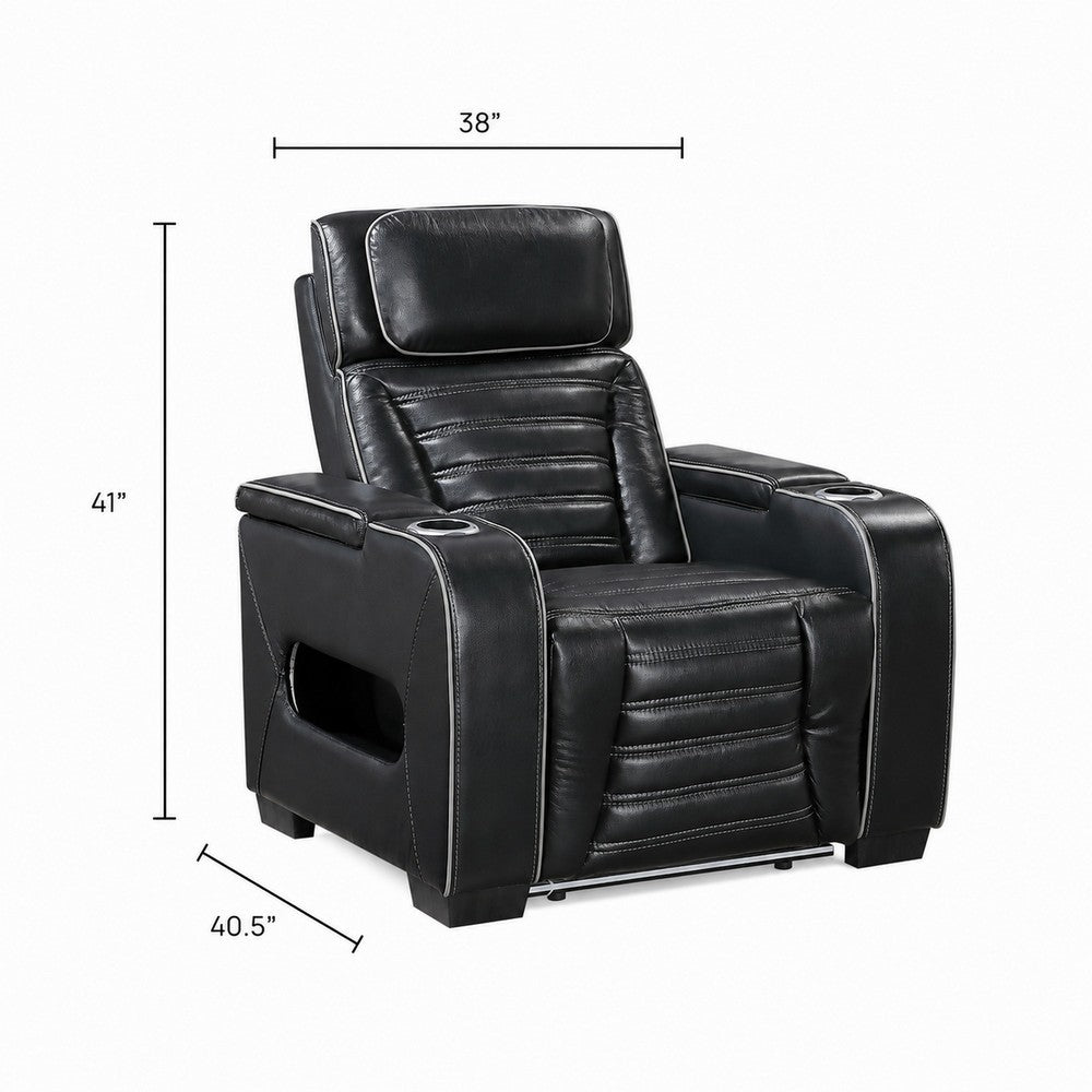 Cyrus Power Recliner w Headrest, Heat Massage, USB Ports, LED, Black Leather  - BM355871