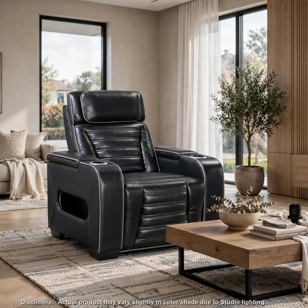 Cyrus Power Recliner w Headrest, Heat Massage, USB Ports, LED, Black Leather  - BM355871