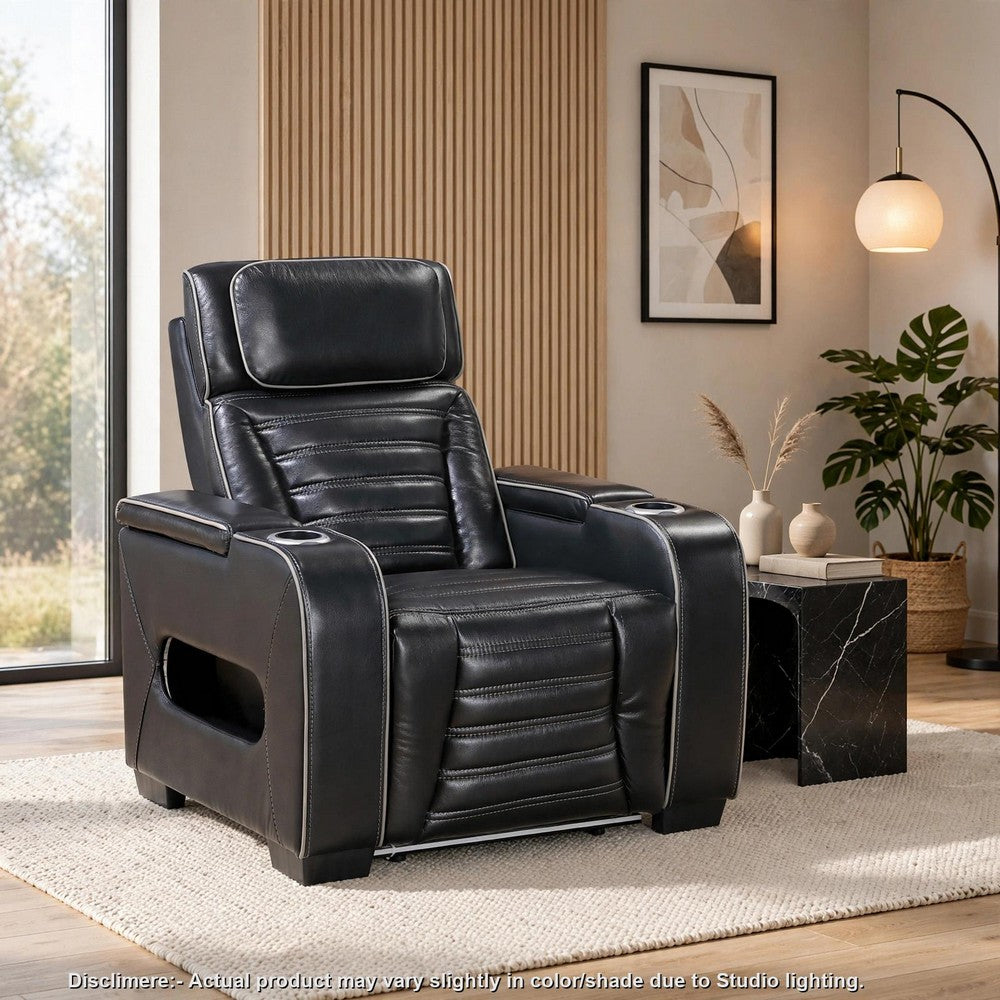 Cyrus Power Recliner w Headrest, Heat Massage, USB Ports, LED, Black Leather  - BM355871