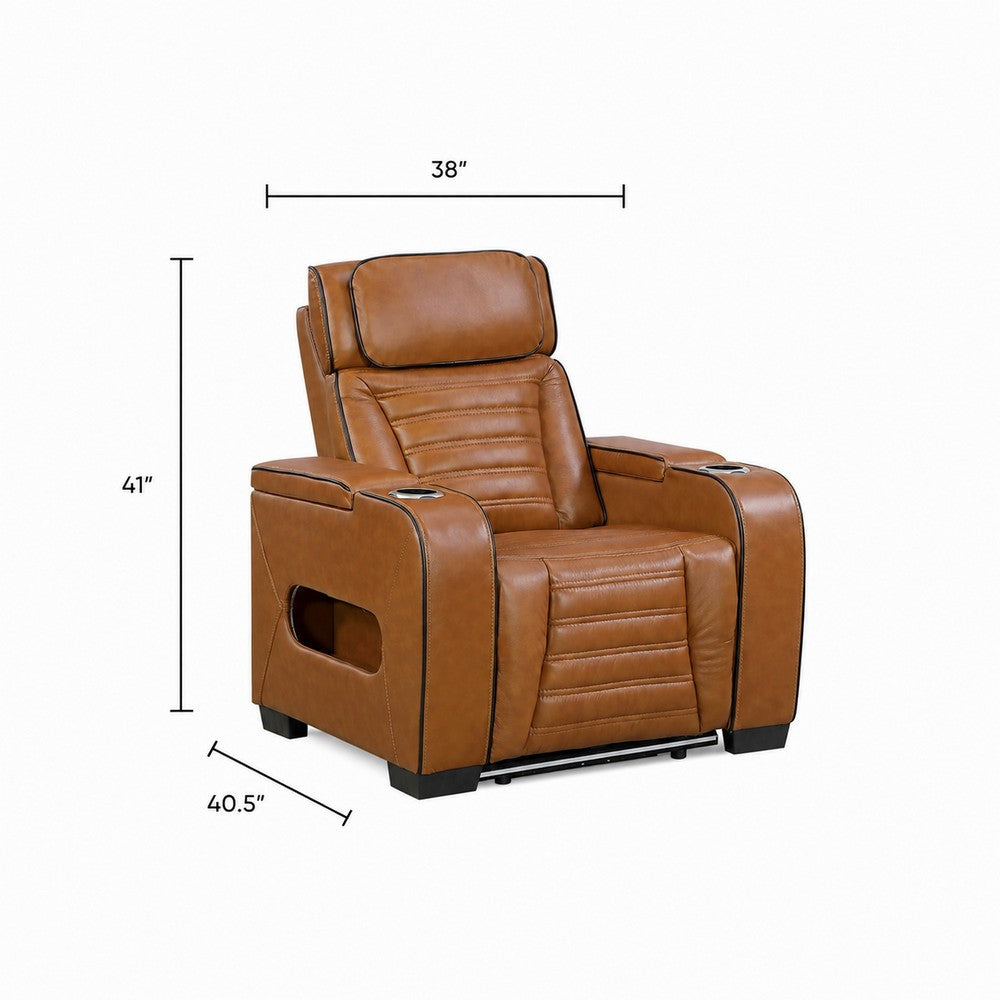 Cyrus Power Recliner w Headrest, Heat Massage, USB Ports, LED, Brown Leather - BM355872